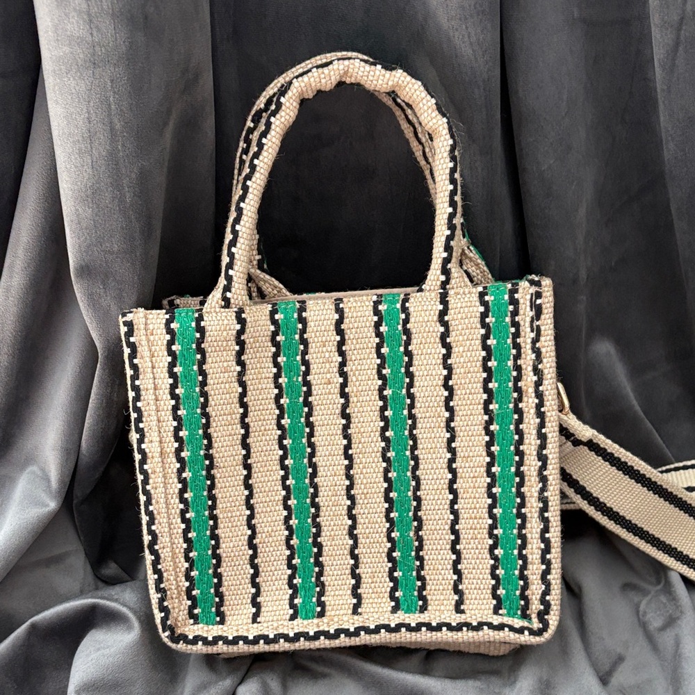 H&M Beige and Green Striped Tote Bag